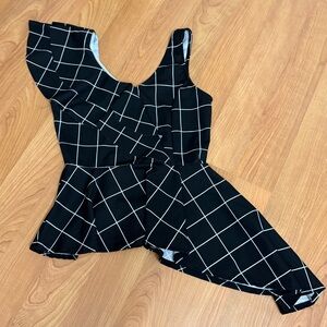 Black And White Grid Asymmetric Peplum Top